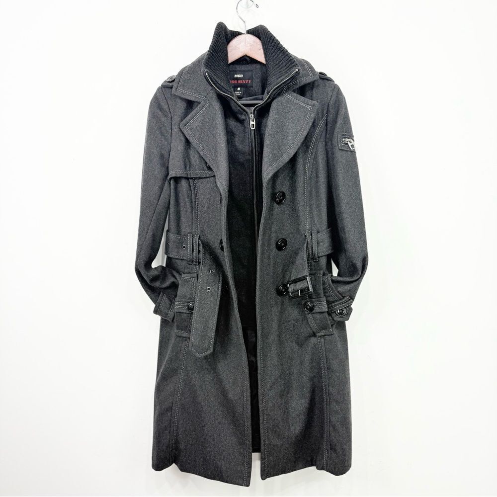 Miss Sixty Wool Double Breasted Pea Coat Trench in Charcoal Gray